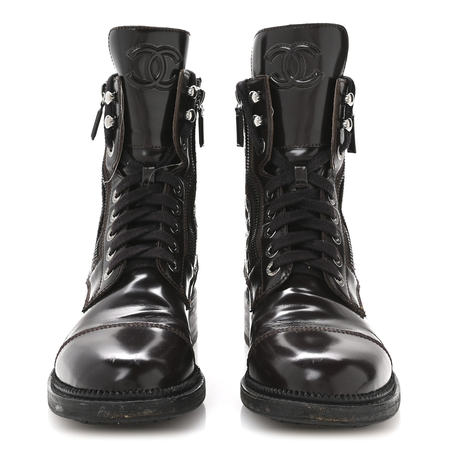 Chanel Shiny Calfskin Quilted CC Lace Up Combat Boots 37.5 Dark Burgundy 3 of 9