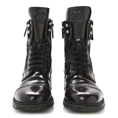 Chanel Shiny Calfskin Quilted CC Lace Up Combat Boots 37.5 Dark Burgundy 3 of 9