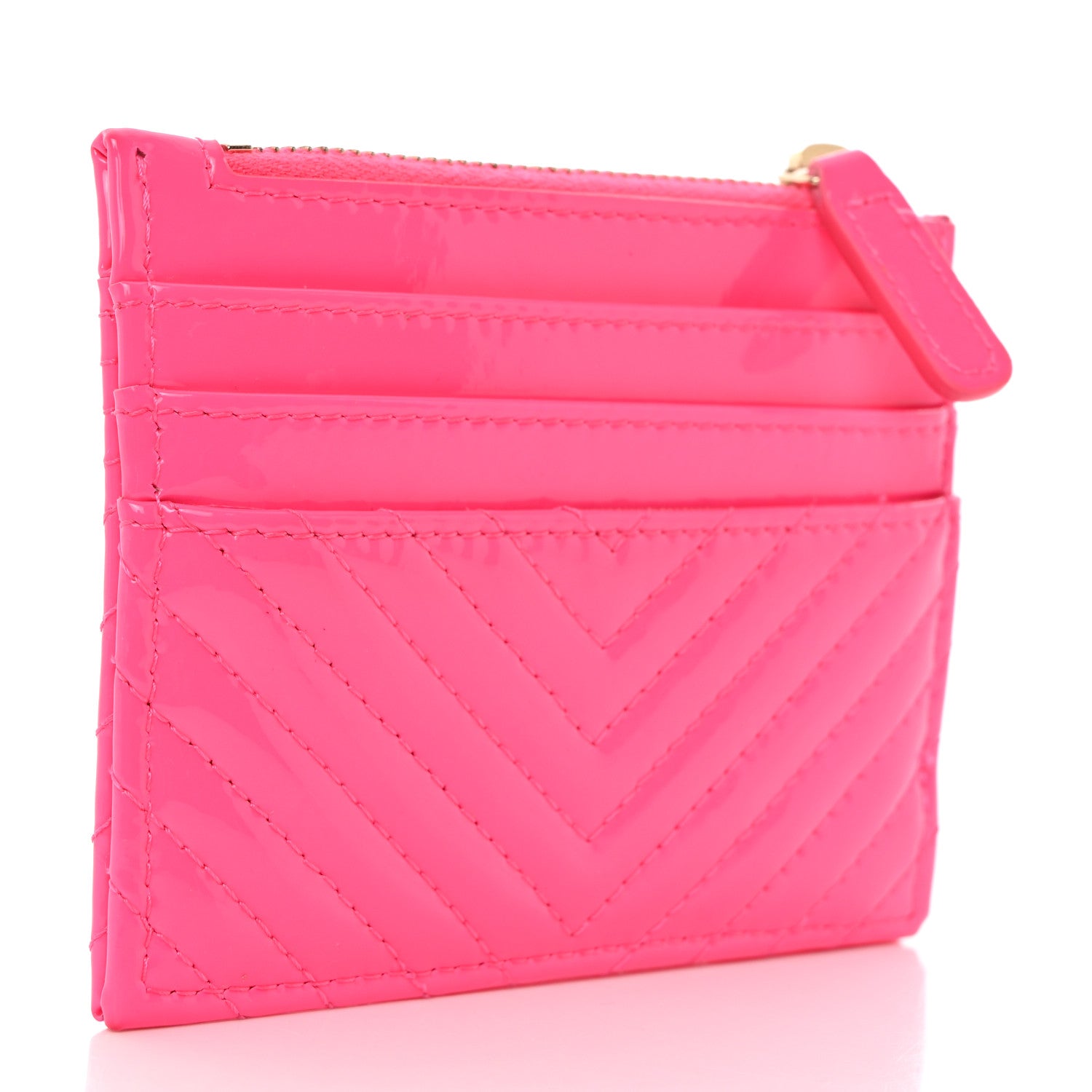 Chanel Patent Chevron Quilted Boy Zip Card Holder Neon Pink 3 of 9