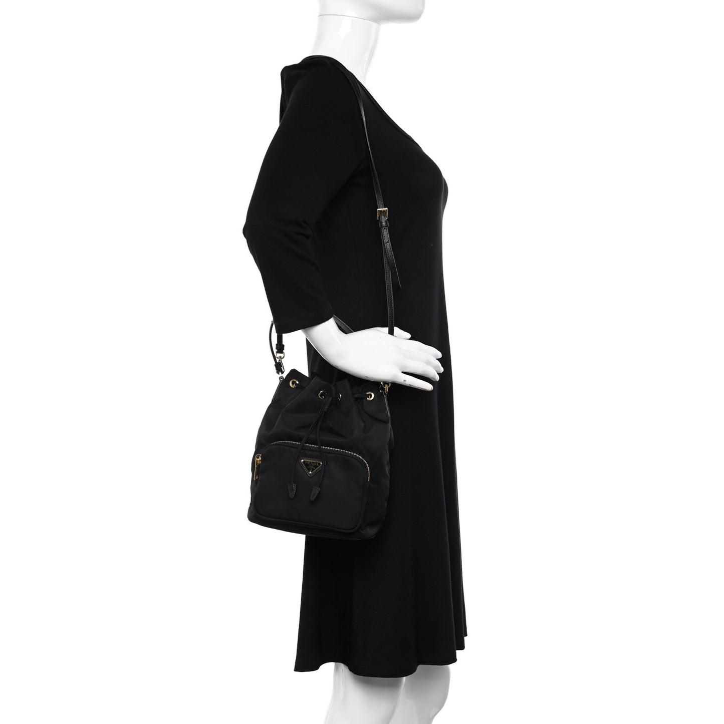 Saffiano Tessuto Nylon Mini Bucket Crossbody Bag Black