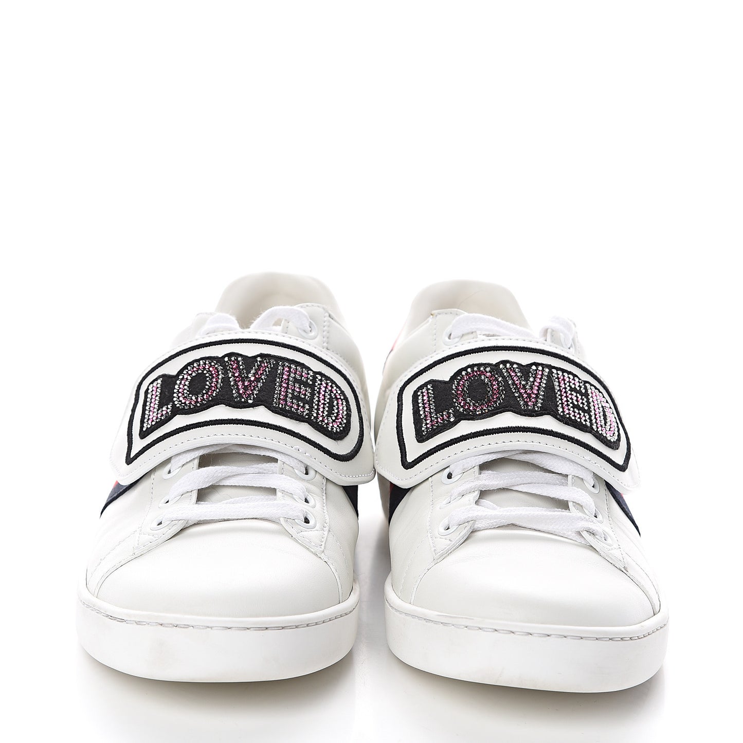 Calfskin Crystal Web LOVED Embroidered Womens Ace Sneakers 40 White
