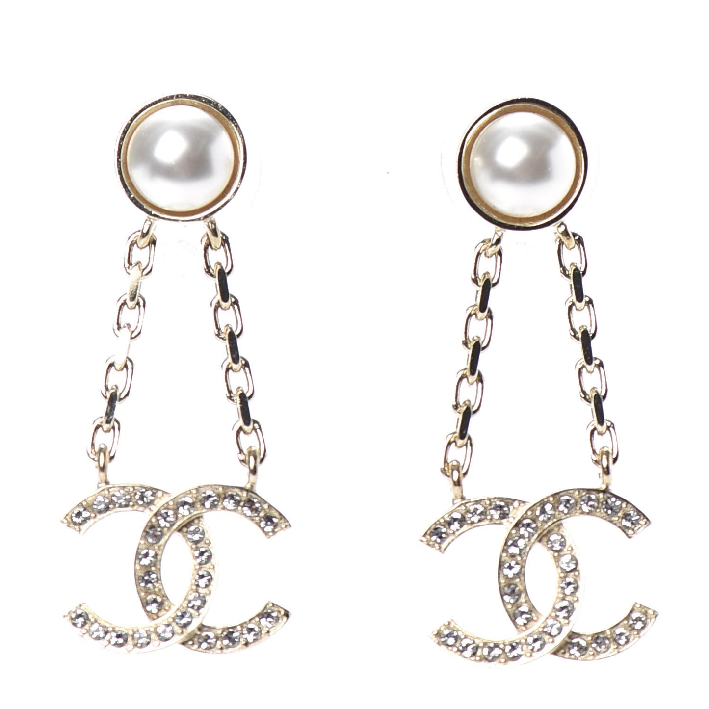 Crystal Pearl CC Drop Earrings Gold
