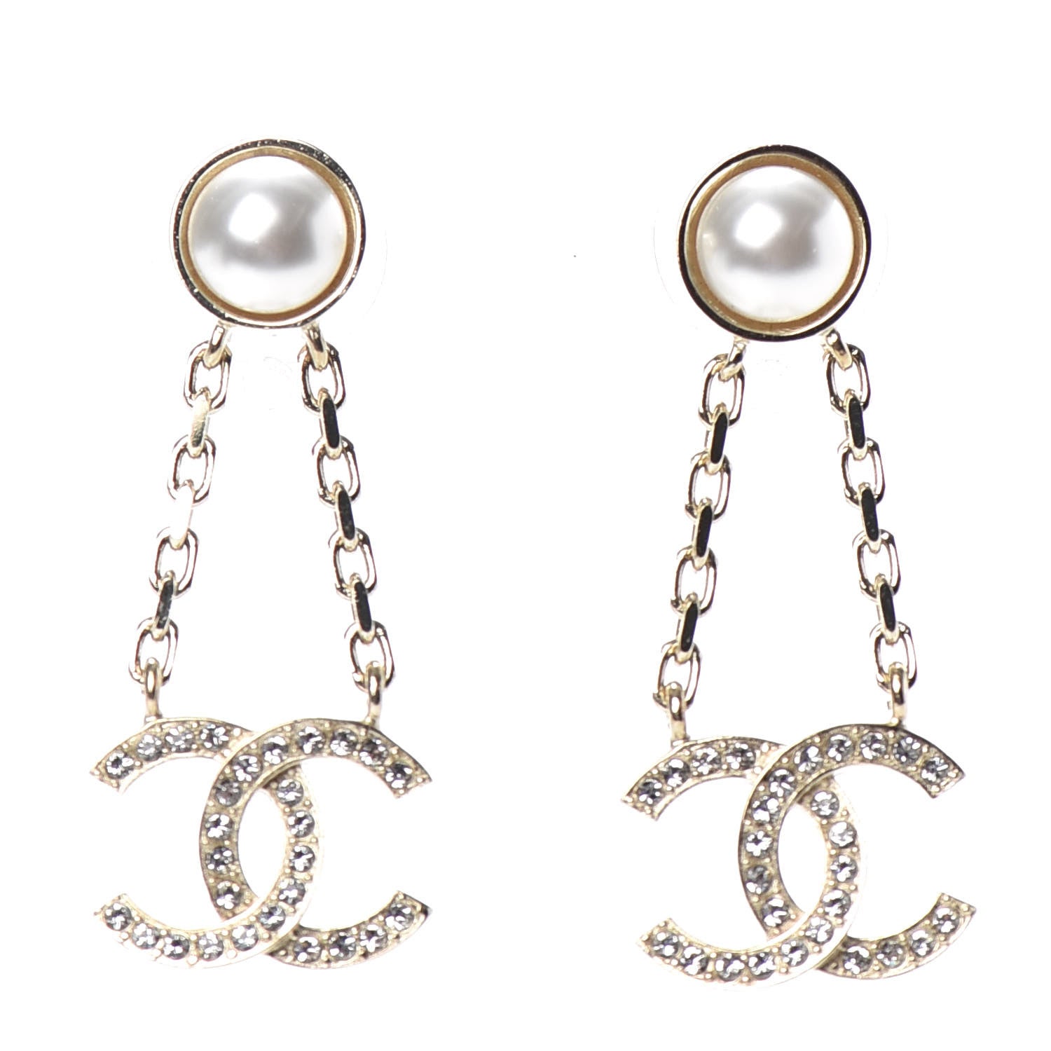 Chanel Crystal Pearl CC Drop Earrings Gold 1 of 4
