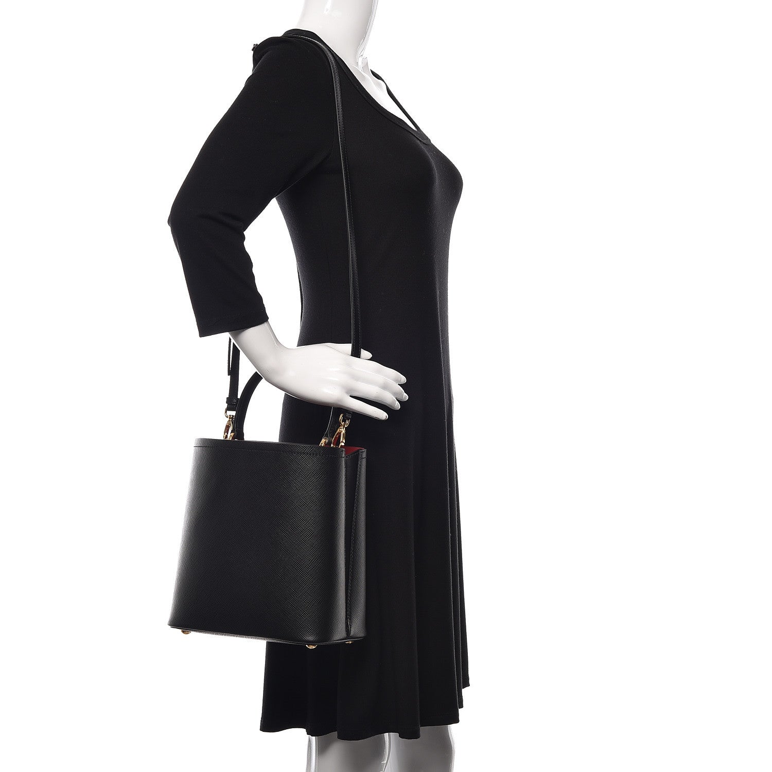 Prada Saffiano Cuir Medium Panier Bucket Bag Black Fuoco 2 of 9
