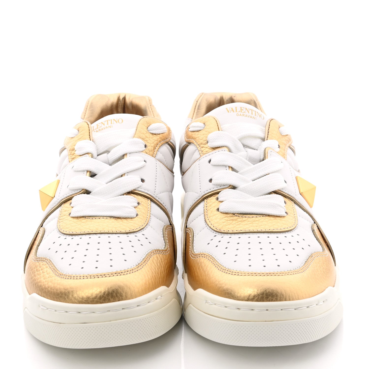 Valentino Garavani Nappa Grained Calfskin Mens One Stud Low Top Sneakers 41.5 White Antique Brass 2 of 9