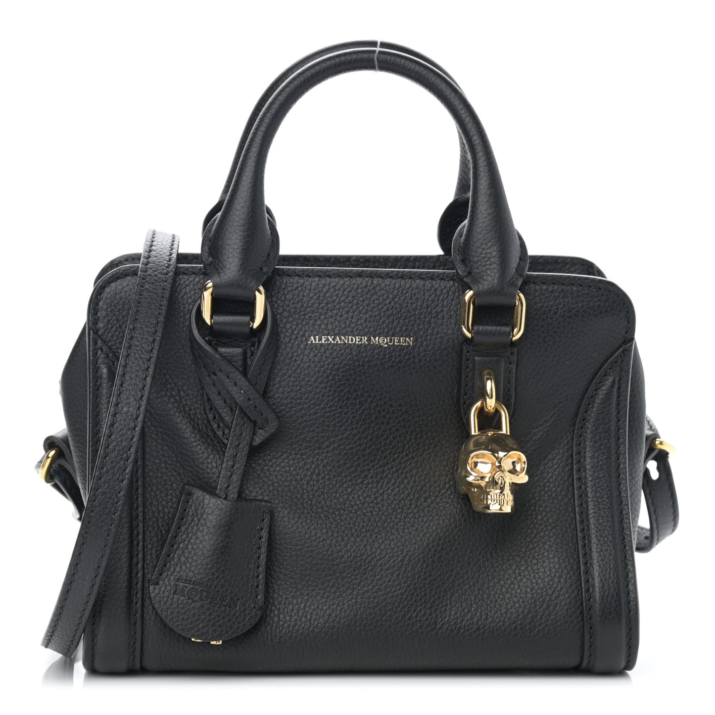 Pebbled Calfskin Mini Skull Padlock Zip Around Tote Black