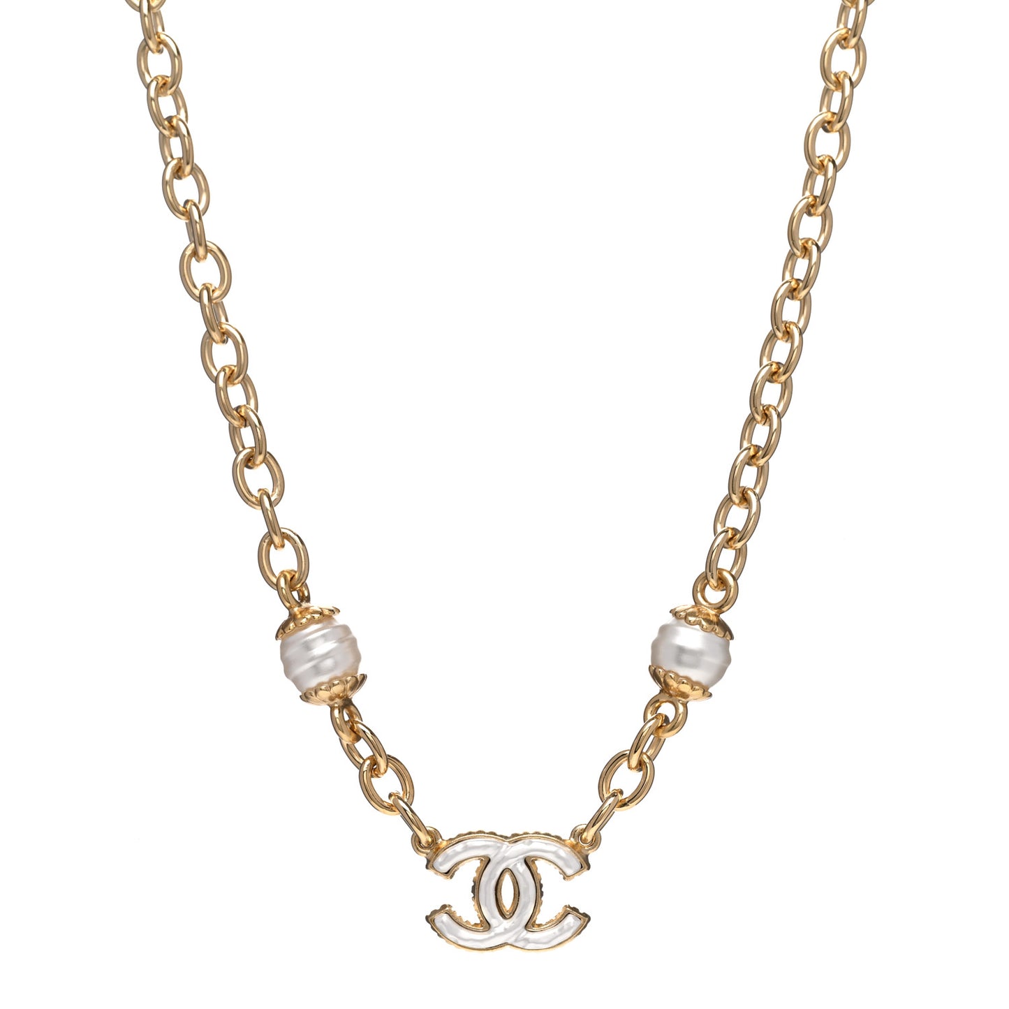 Metal Enamel CC Necklace Gold White