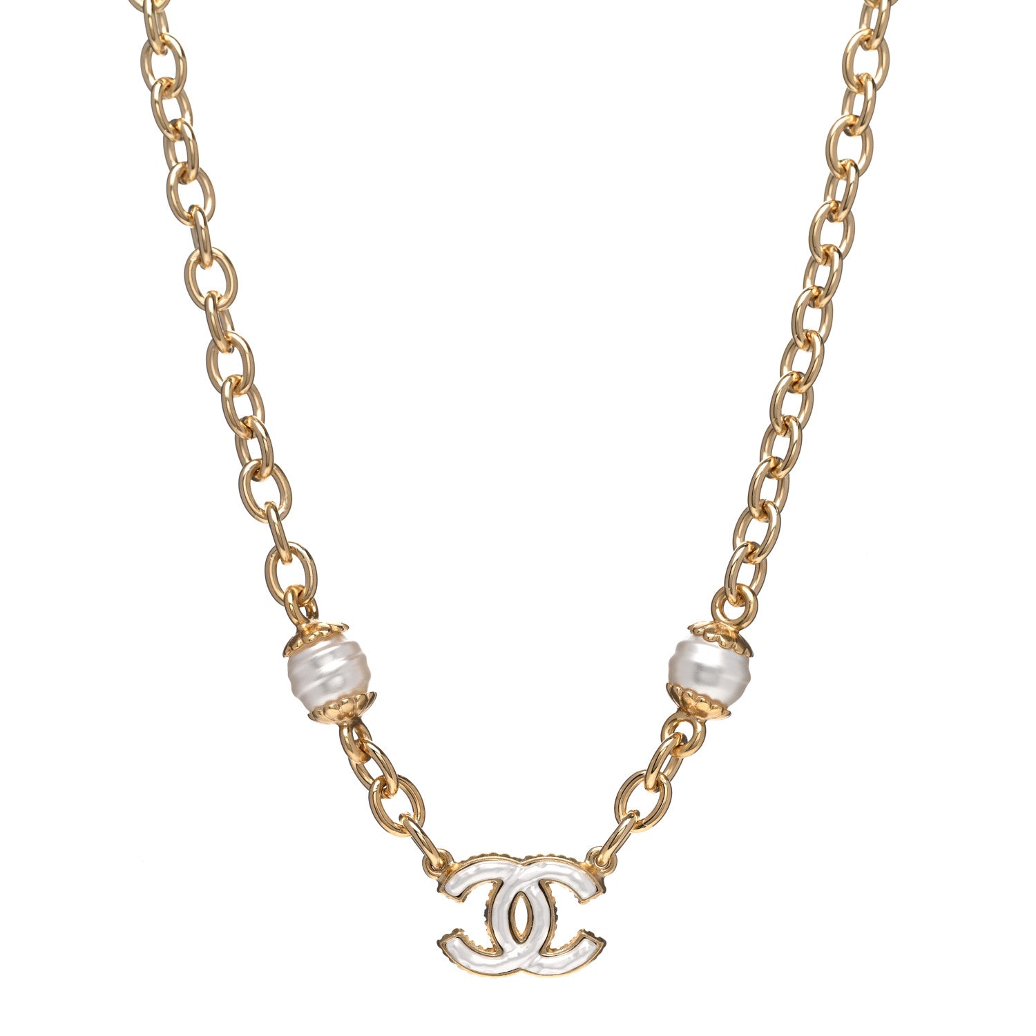 Chanel Metal Enamel CC Necklace Gold White 1 of 6