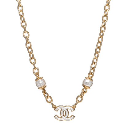 Chanel Metal Enamel CC Necklace Gold White 1 of 6