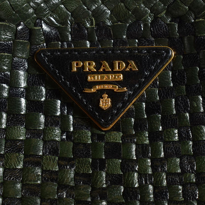 Prada Woven Goatskin Large Madras Tote Green Nero Black 7 of 10