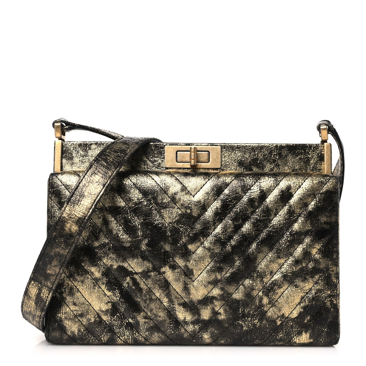 Metallic Crumpled Goatskin Chevron Quilted Reissue Clutch Bag Black Gold