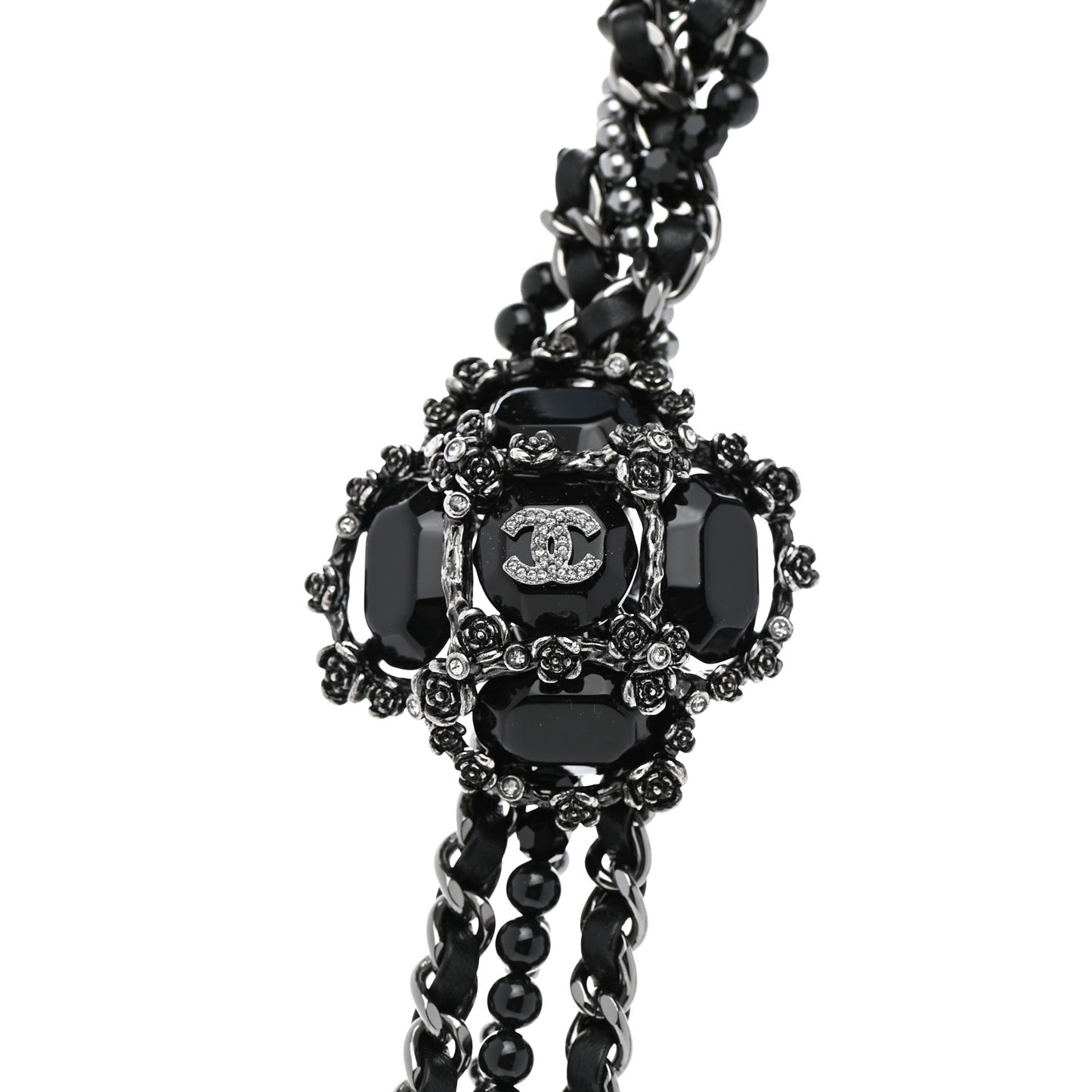 Strass Glass Pearl Lambskin Long Beaded CC Necklace Ruthenium Black Grey