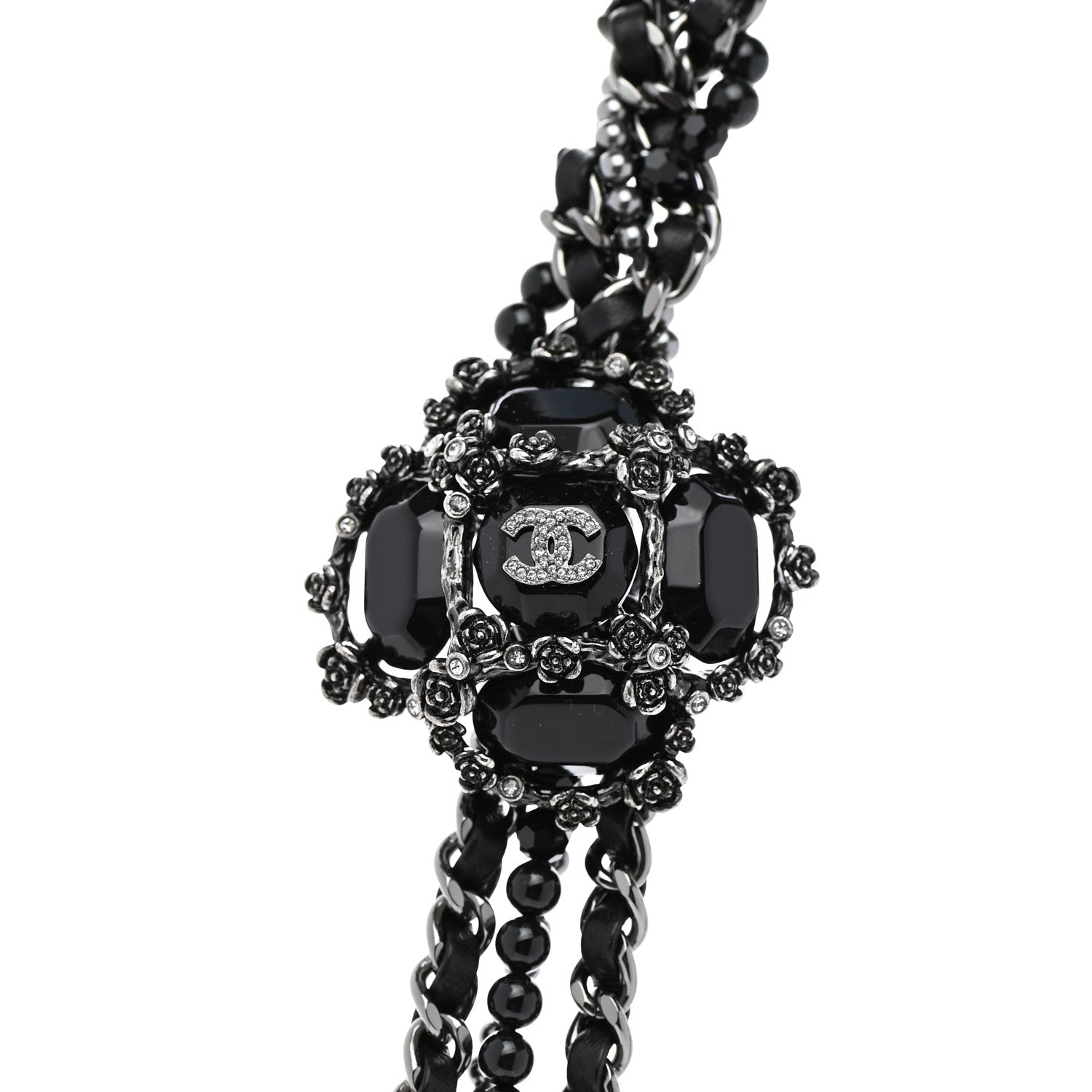 Chanel Strass Glass Pearl Lambskin Long Beaded CC Necklace Ruthenium Black Grey 4 of 7