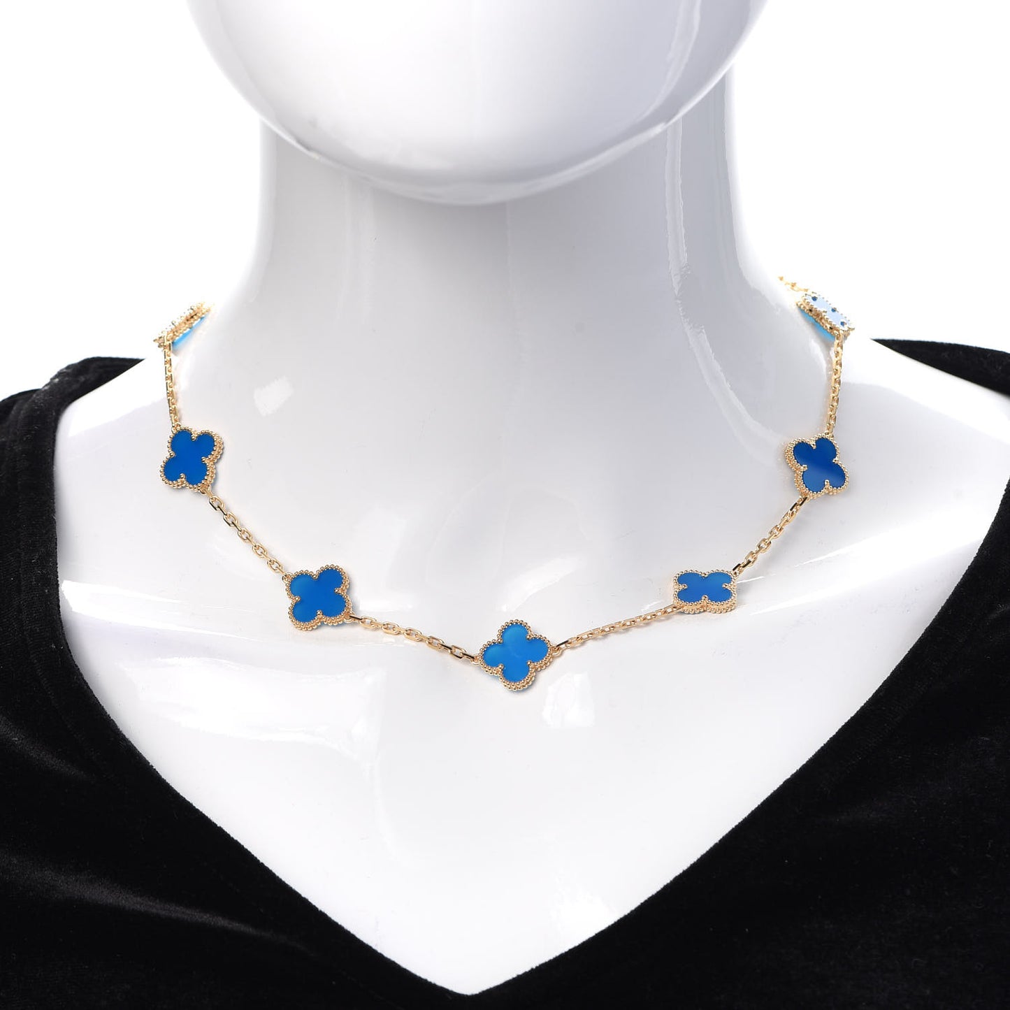 18K Yellow Gold Blue Agate 10 Motifs Vintage Alhambra Necklace