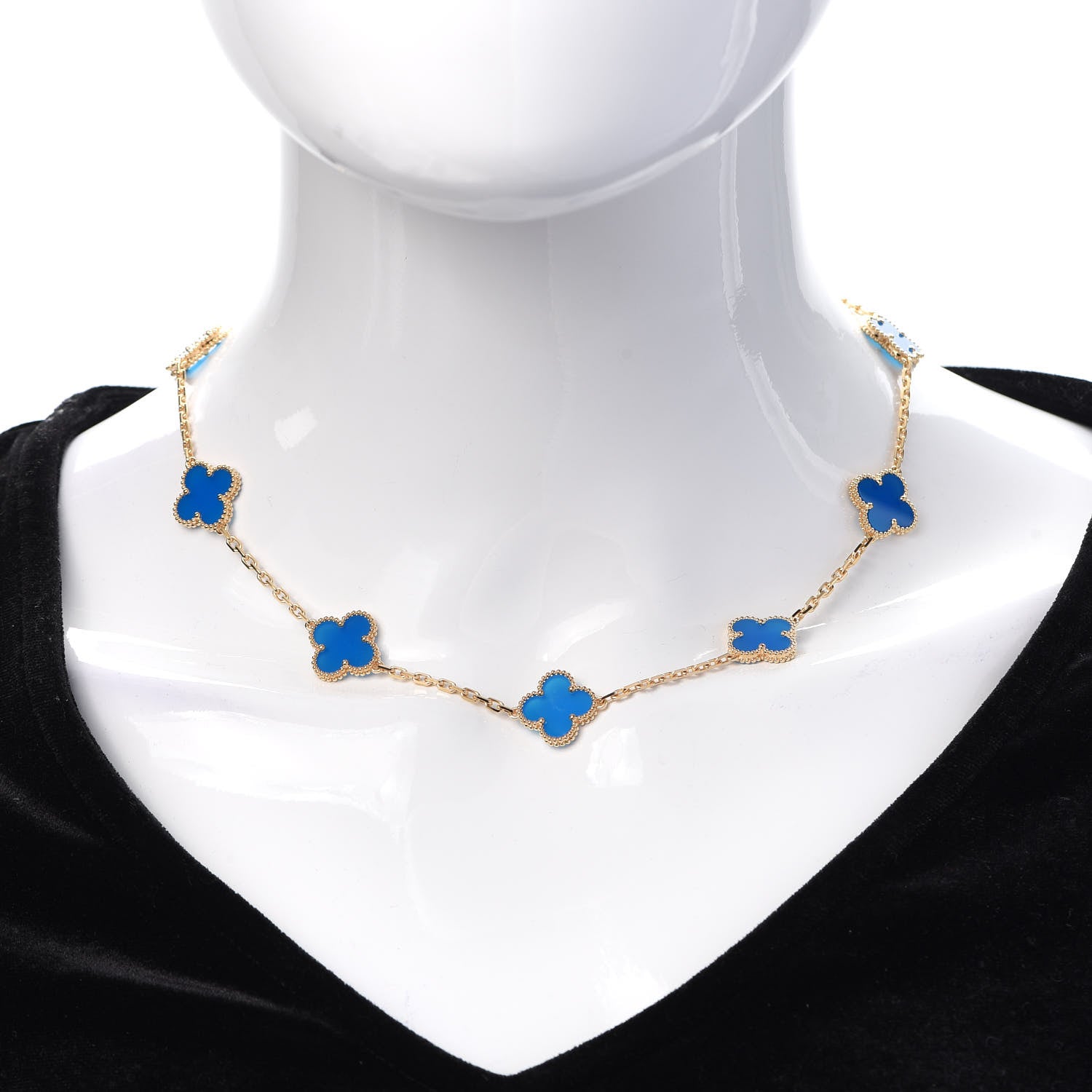 Van Cleef & Arpels 18K Yellow Gold Blue Agate 10 Motifs Vintage Alhambra Necklace 2 of 8