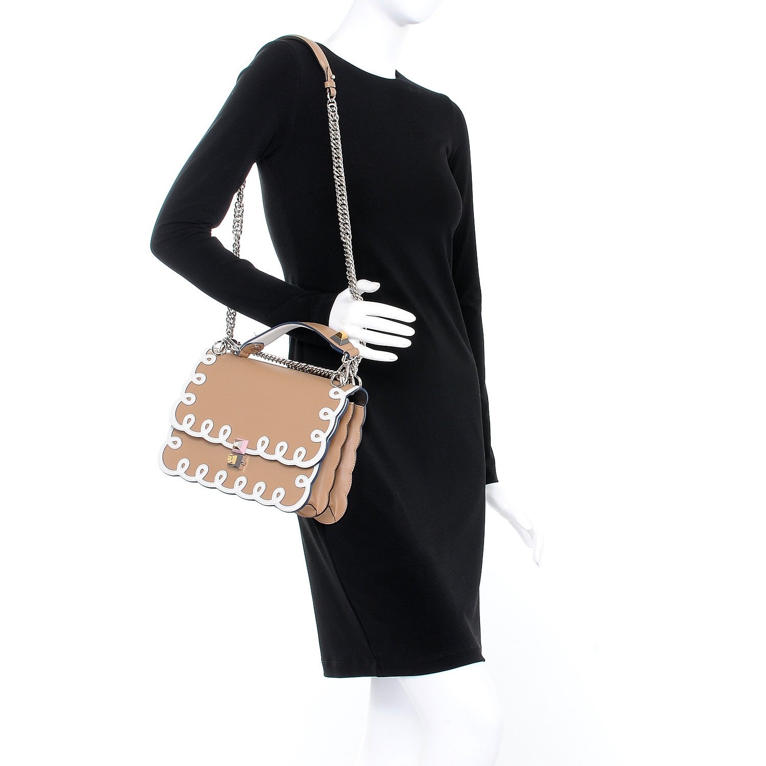 Fendi Vitello Liberty Dolce Scalloped Studded Scrollwork Kan I Shoulder Bag Cuoio White 2 of 7