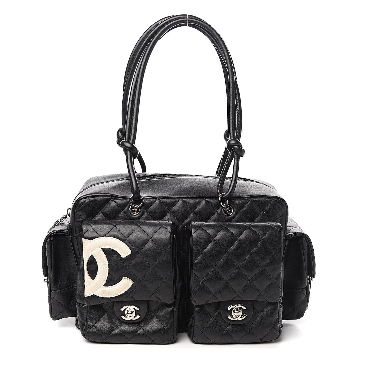 Calfskin Quilted Large Cambon Multipocket Reporter Black White