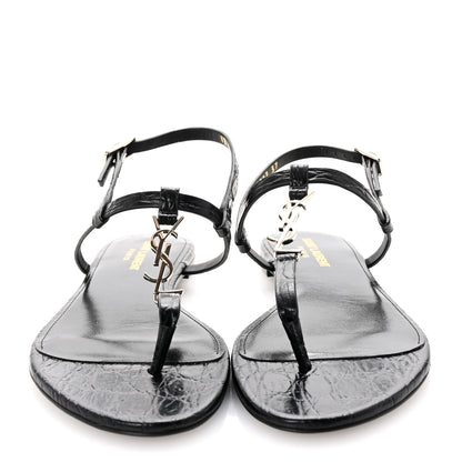 Saint Laurent Calfskin Crocodile Embossed Cassandra Monogram Sandals 37 Black 3 of 10