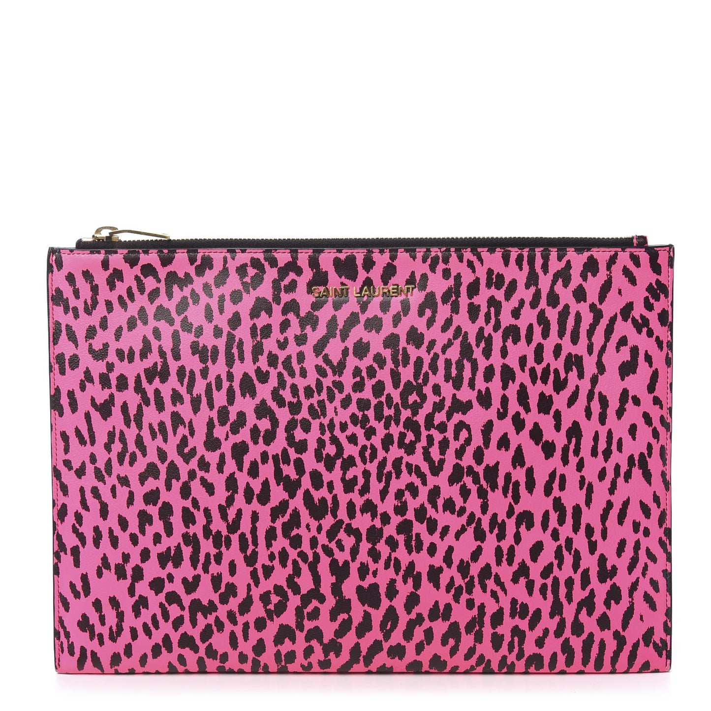 Calfskin Baby Cat Print Medium Zip Clutch Hot Pink