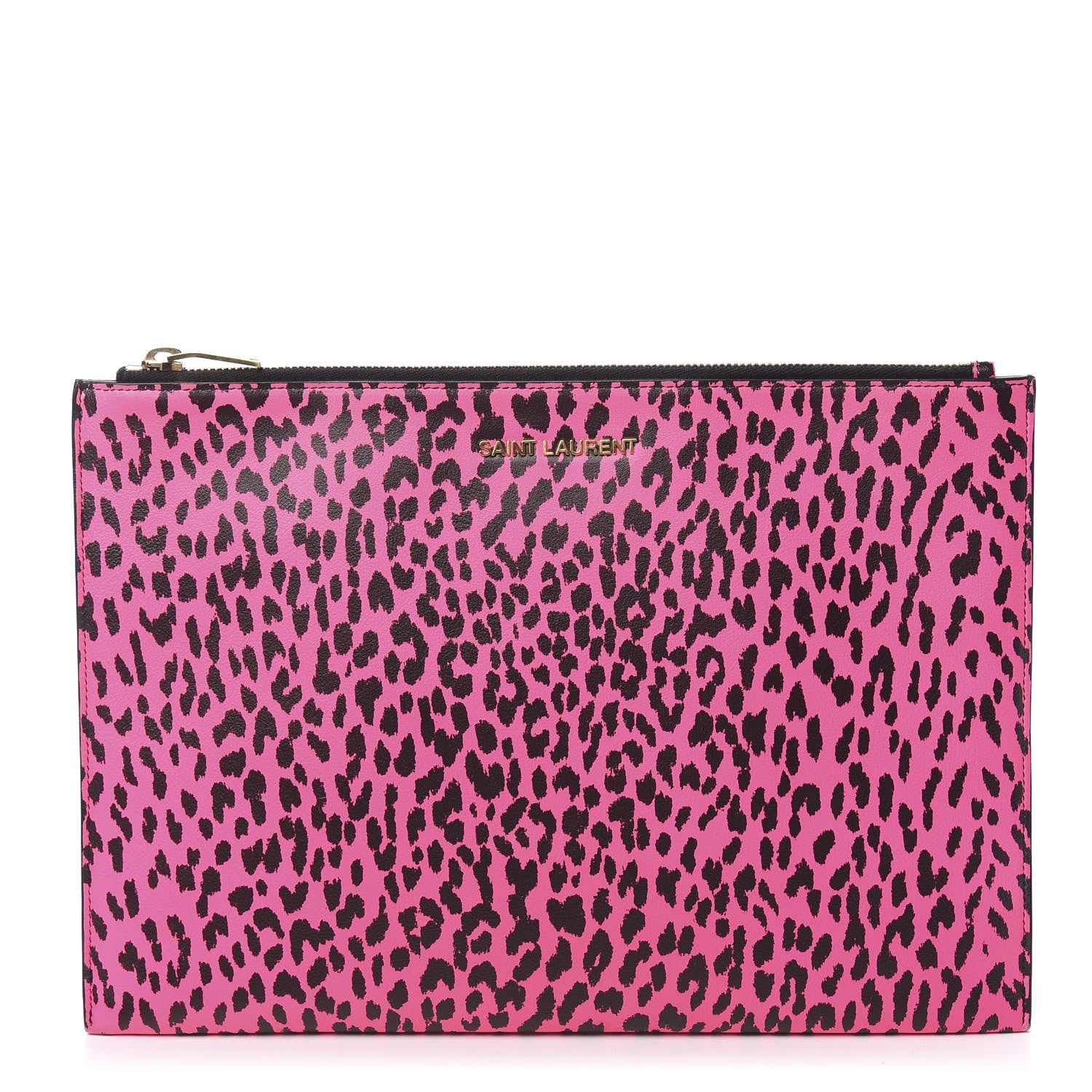 Saint Laurent Calfskin Baby Cat Print Medium Zip Clutch Hot Pink 1 of 14