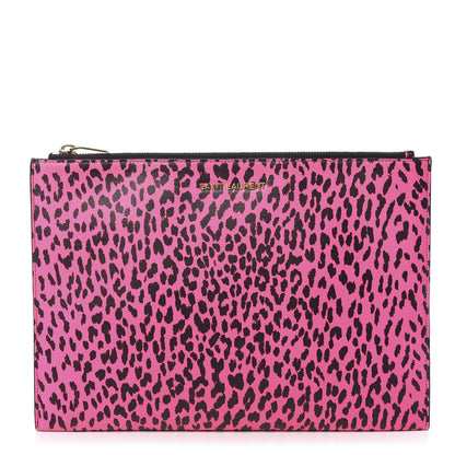 Saint Laurent Calfskin Baby Cat Print Medium Zip Clutch Hot Pink 1 of 14