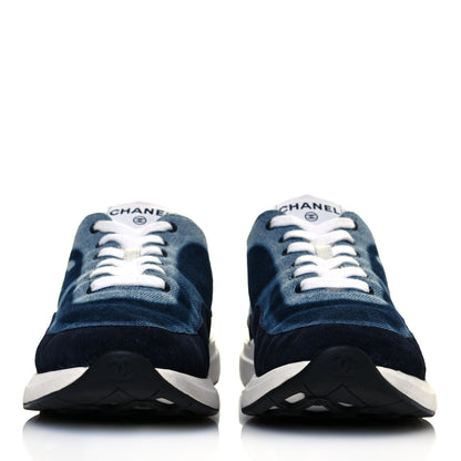 Chanel Denim Suede Calfskin Womens CC Sneakers 38 Dark Blue White Black 2 of 7