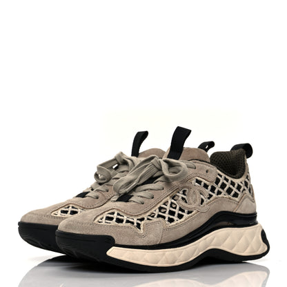 Chanel Suede Calfskin Embroidered CC Sneakers 35.5 Beige Black 3 of 8