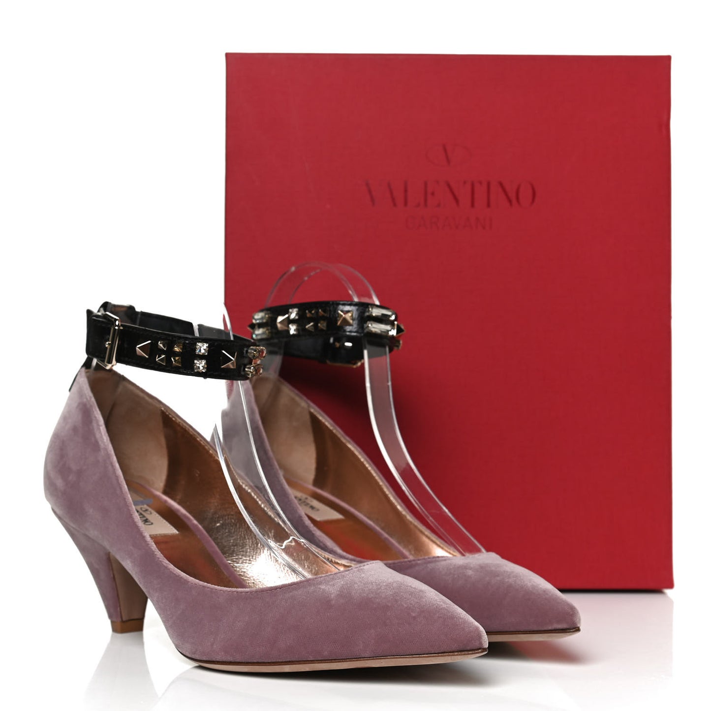 Velvet Rockstud Ankle Strap Pumps 38.5 Antique Rose Black