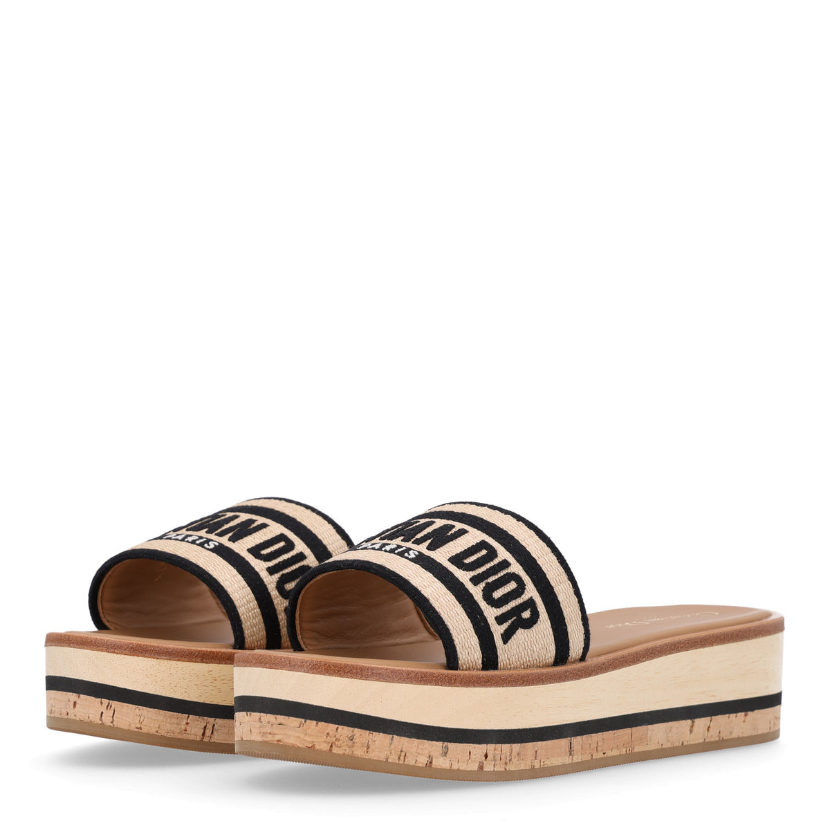 Christian Dior Raffia Dioriviera Embroidered Dway Platform Slide Sandals 37.5 Natural Black 4 of 10