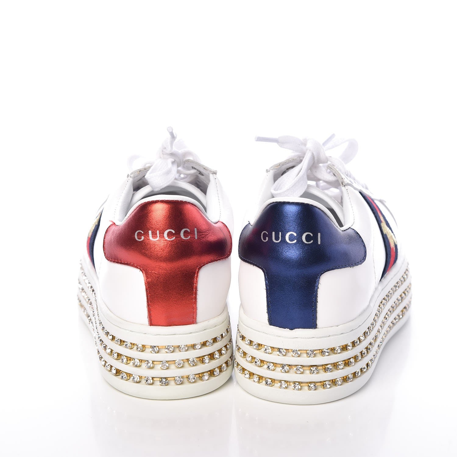 Gucci Calfskin Crystal Web Bee Embroidered Womens Ace Platform Sneakers 37 White 5 of 11