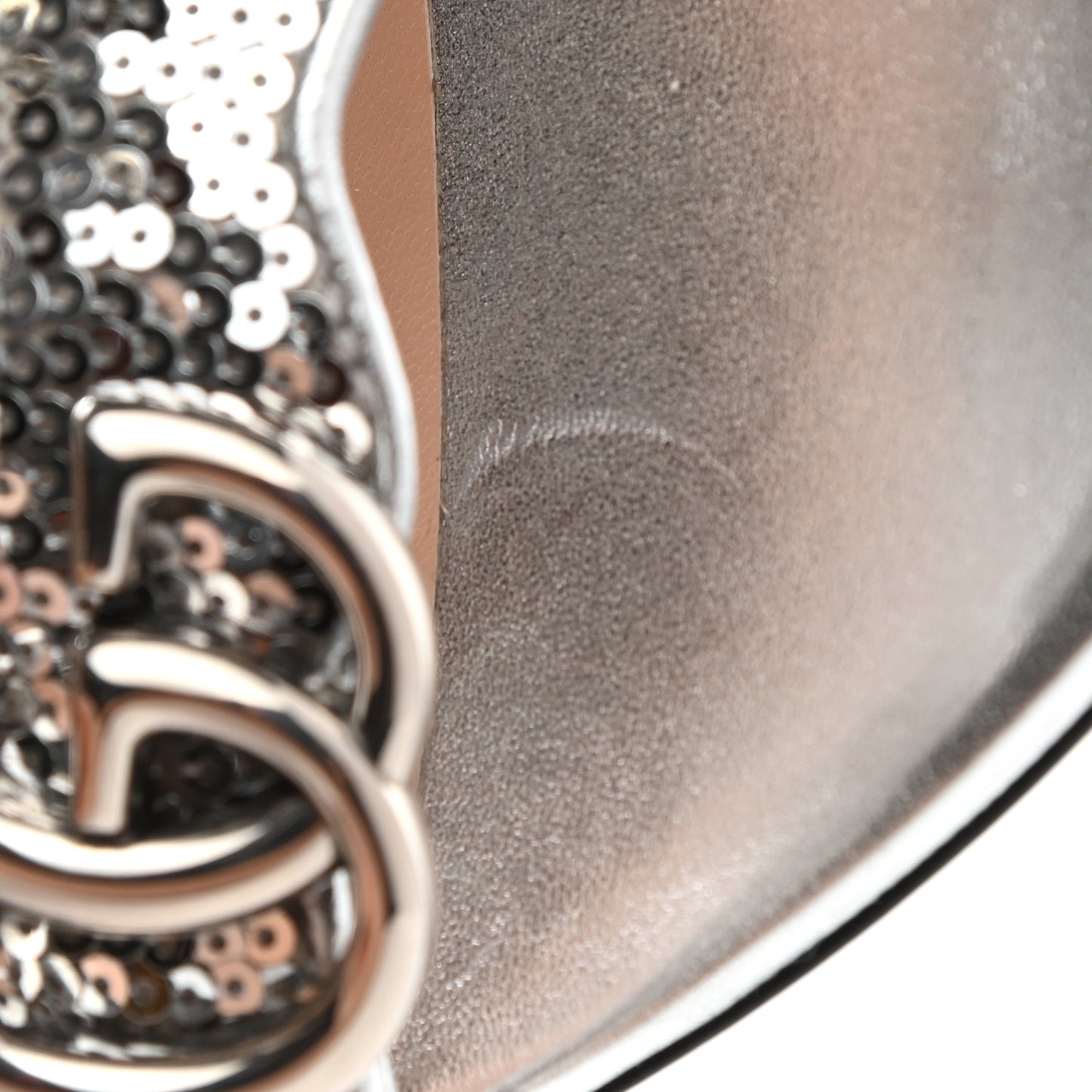 Sequin Satin Nappa GG Marmont Ankle Wrap 105mm Sandals 38 Silver Grigio Argento