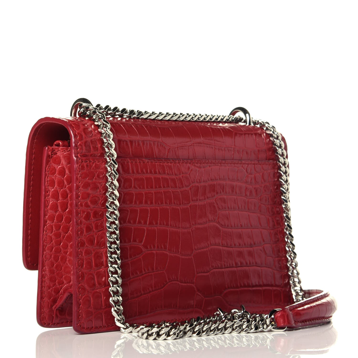 Saint Laurent Calfskin Crocodile Embossed Monogram Sunset Chain Wallet New Lipstick Red 3 of 8