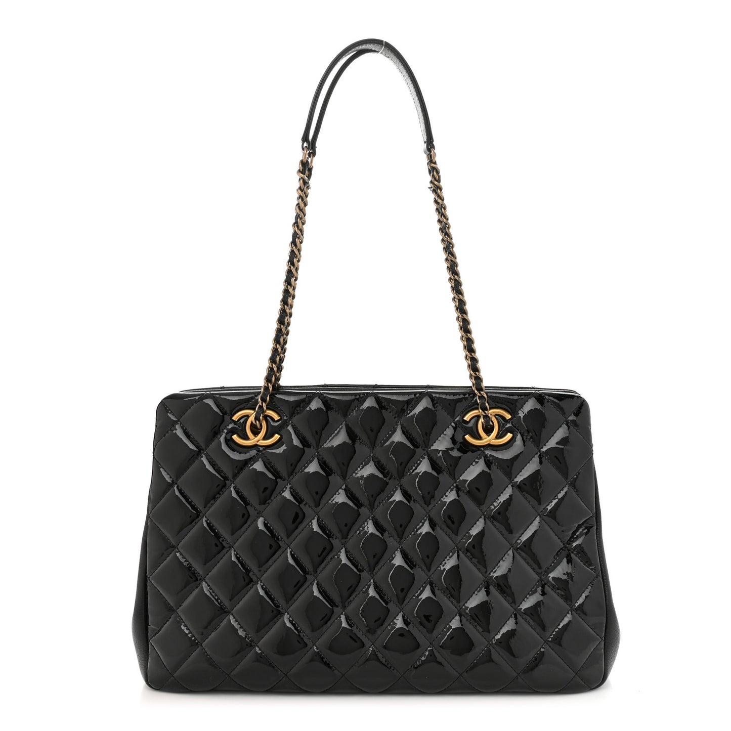 Patent Goatskin Quilted Small CC Eyelet Tote Black