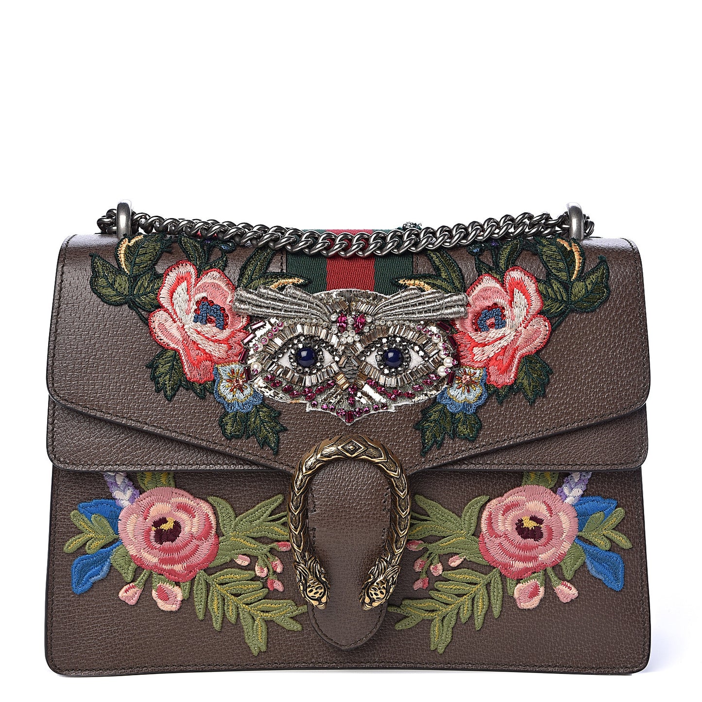 Calfskin Web Owl Embroidered Medium Dionysus Shoulder Bag New Acero Multicolor