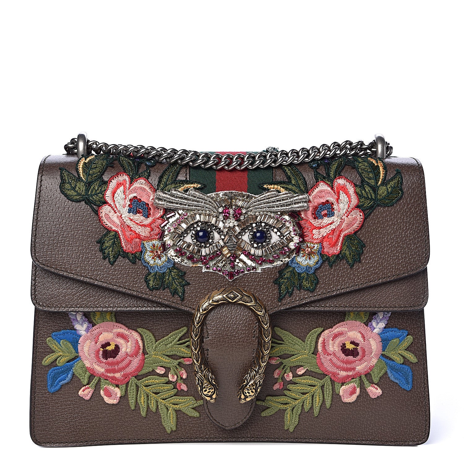 Gucci Calfskin Web Owl Embroidered Medium Dionysus Shoulder Bag New Acero Multicolor 1 of 13