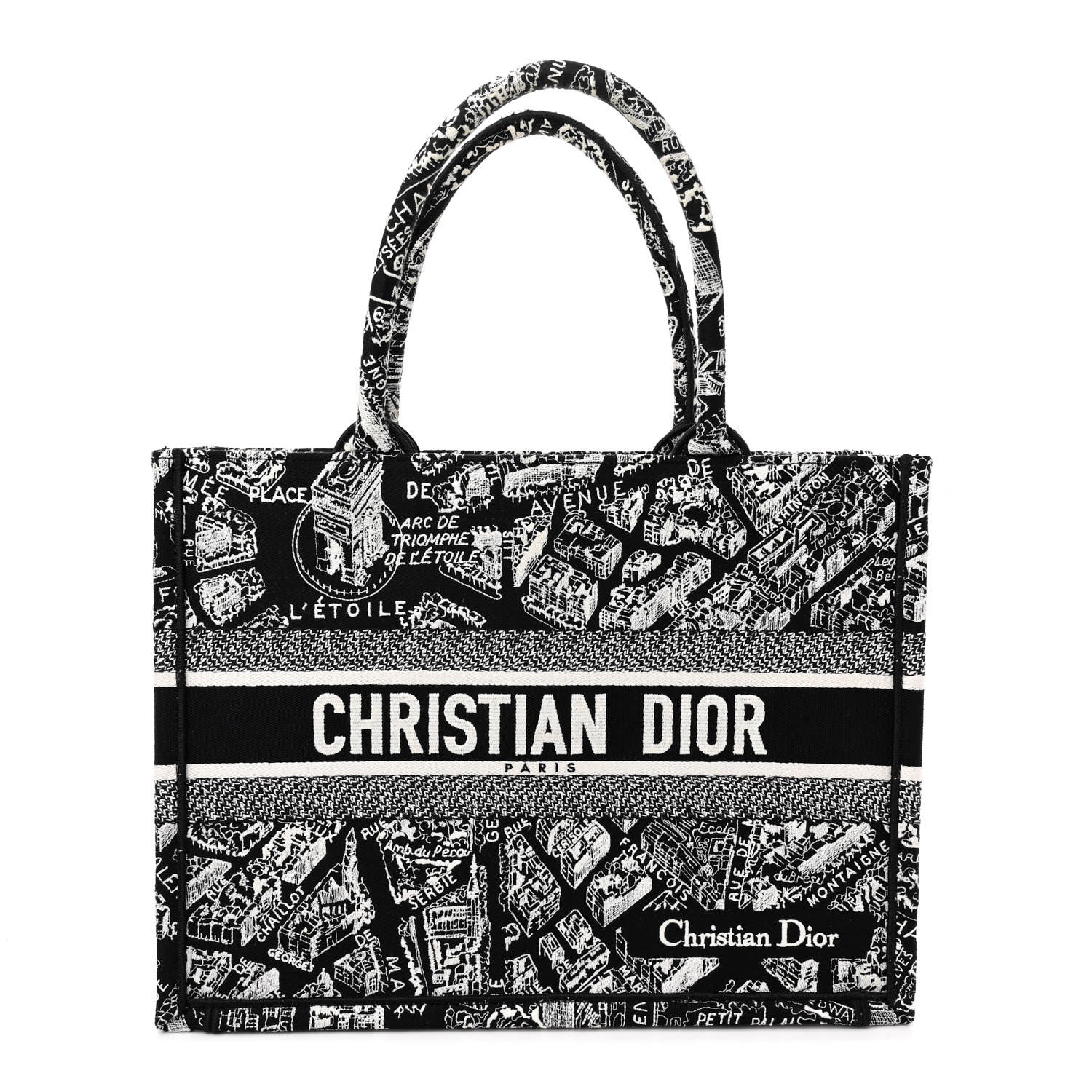 Christian Dior Canvas Embroidered Medium Plan De Paris Book Tote Black White 1 of 13