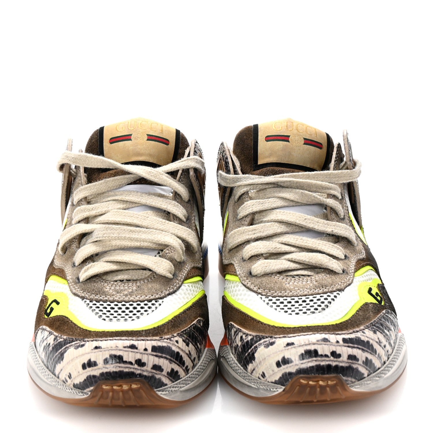 Gucci Suede Calfskin Tejus Printed Womens Ultrapace Sneakers 35 Natural Ardesia Neon Yellow 3 of 9