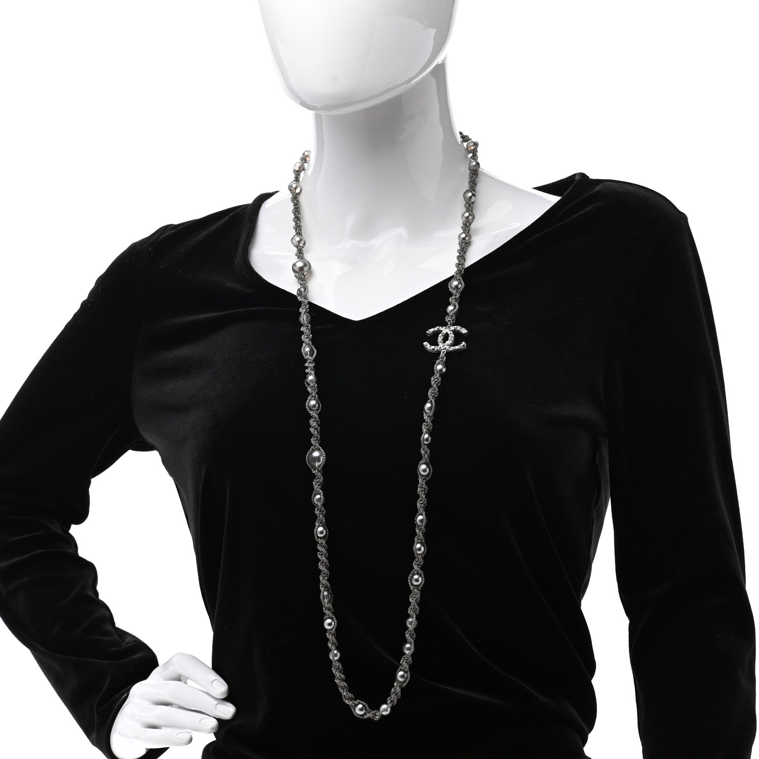 Chanel Pearl Crystal Bead Chain CC Long Necklace Silver Grey 2 of 7