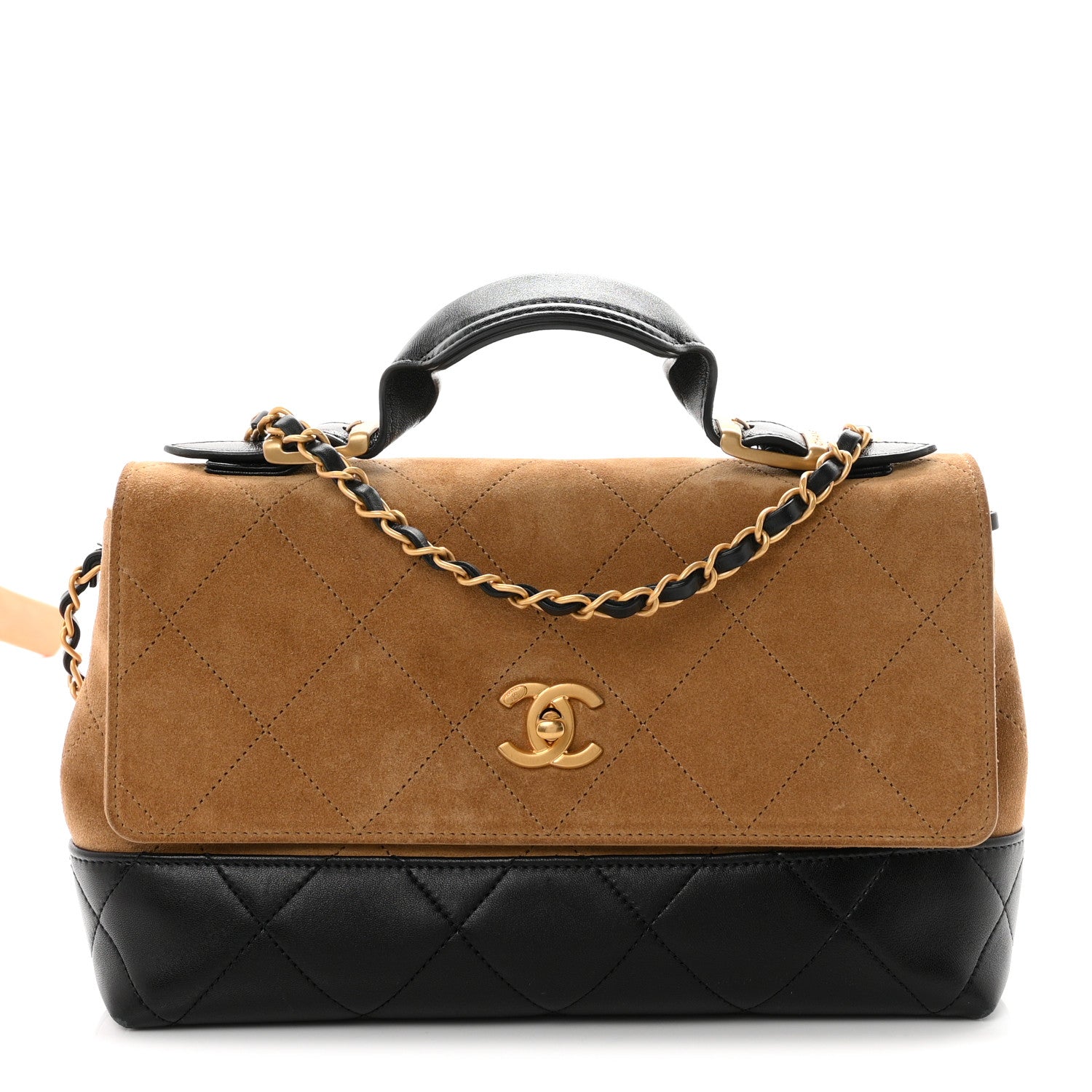 Chanel Suede Calfskin Shiny Lambskin Quilted Coco Base Flap Top Handle Bag Beige Black 1 of 12