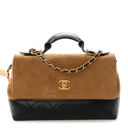 Chanel Suede Calfskin Shiny Lambskin Quilted Coco Base Flap Top Handle Bag Beige Black 1 of 12