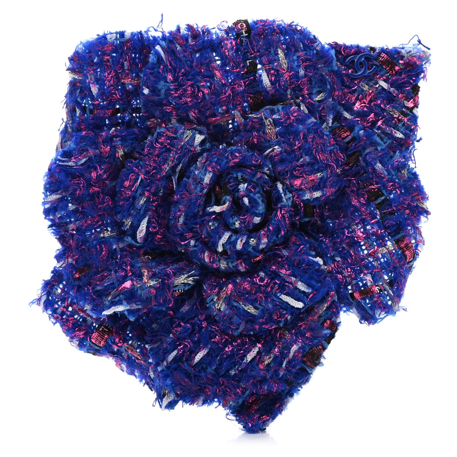 Chanel Tweed Camellia Pin Brooch Blue Black Pink 1 of 4