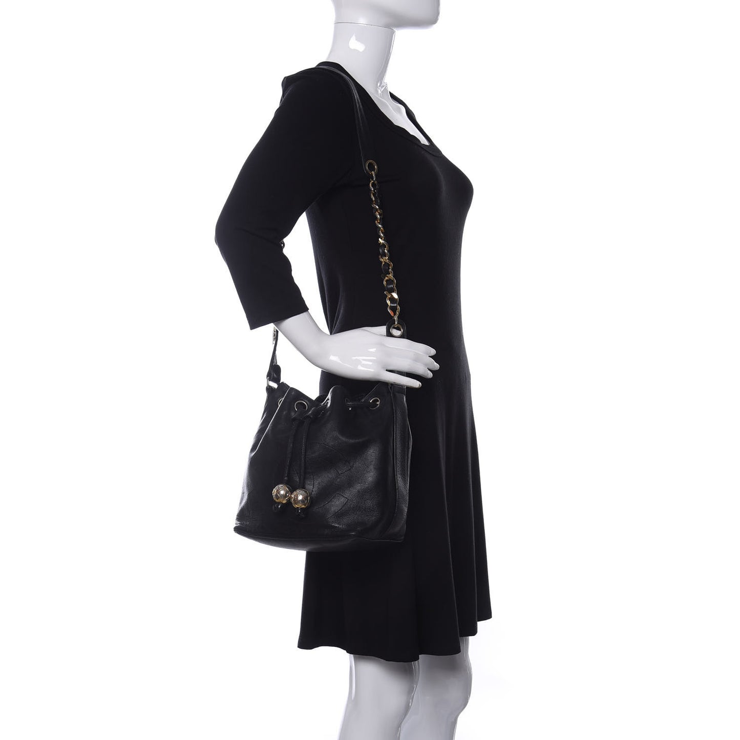 Lambskin Drawstring CC Shoulder Bag Black