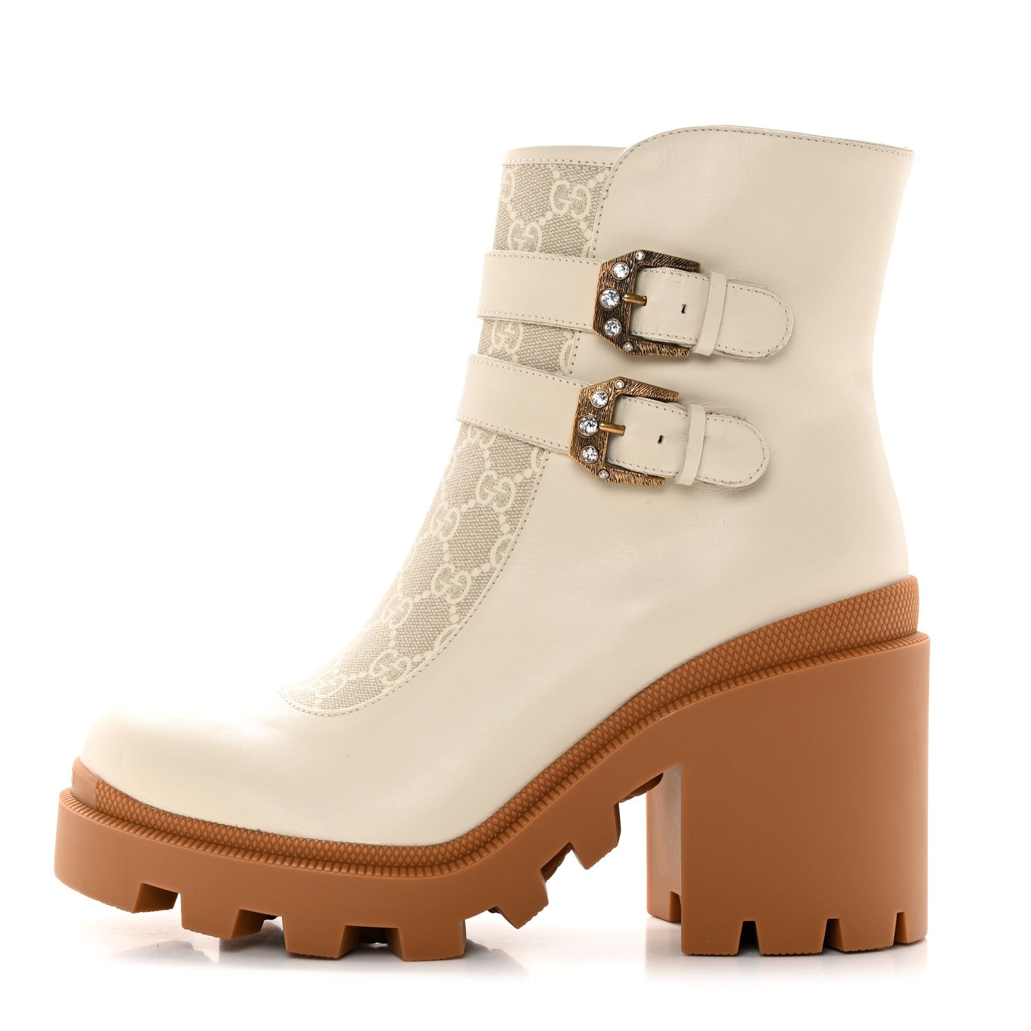 Gucci Kensington Calfskin Nappa GG Supreme Monogram Womens Double Buckle Ankle Boots 41.5 Mystic White Beige 1 of 17