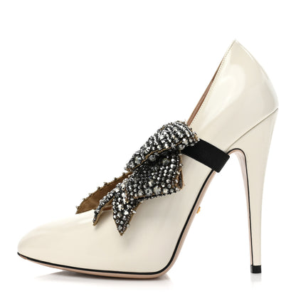 Gucci Regent Calfskin Crystal Removable Bow Elaisa Platform High Heel Pumps 37 White Magnolia 1 of 14