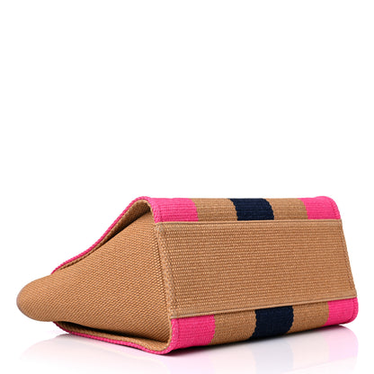 Chanel Straw Raffia Calfskin Striped Medium Deauville Tote Dark Beige Fuchsia Navy Blue 4 of 10
