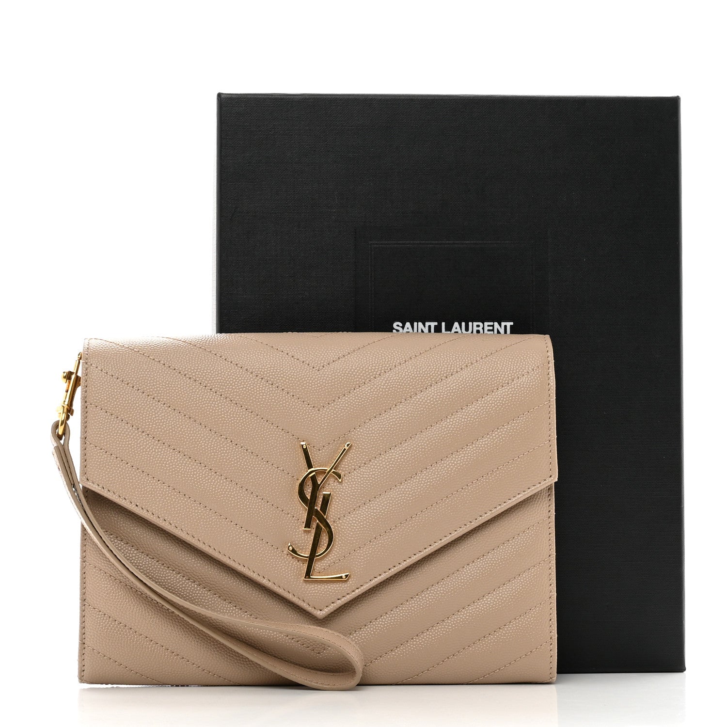 Saint Laurent Grain De Poudre Matelasse Chevron Monogram Envelope Clutch Dark Beige 8 of 8
