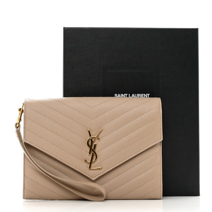 Saint Laurent Grain De Poudre Matelasse Chevron Monogram Envelope Clutch Dark Beige 8 of 8