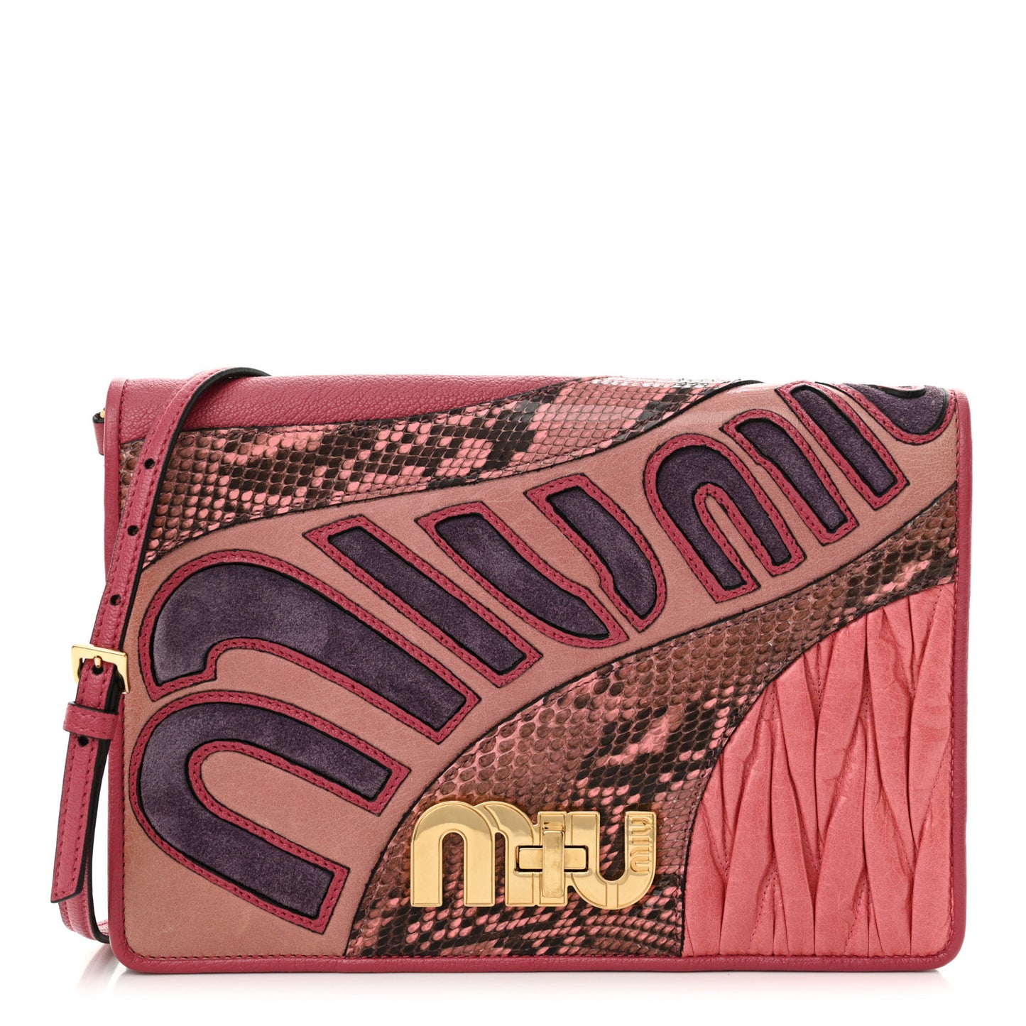 Goatskin Snakeskin Madras Nappa Matelasse Patchwork Shoulder Bag  Rosa