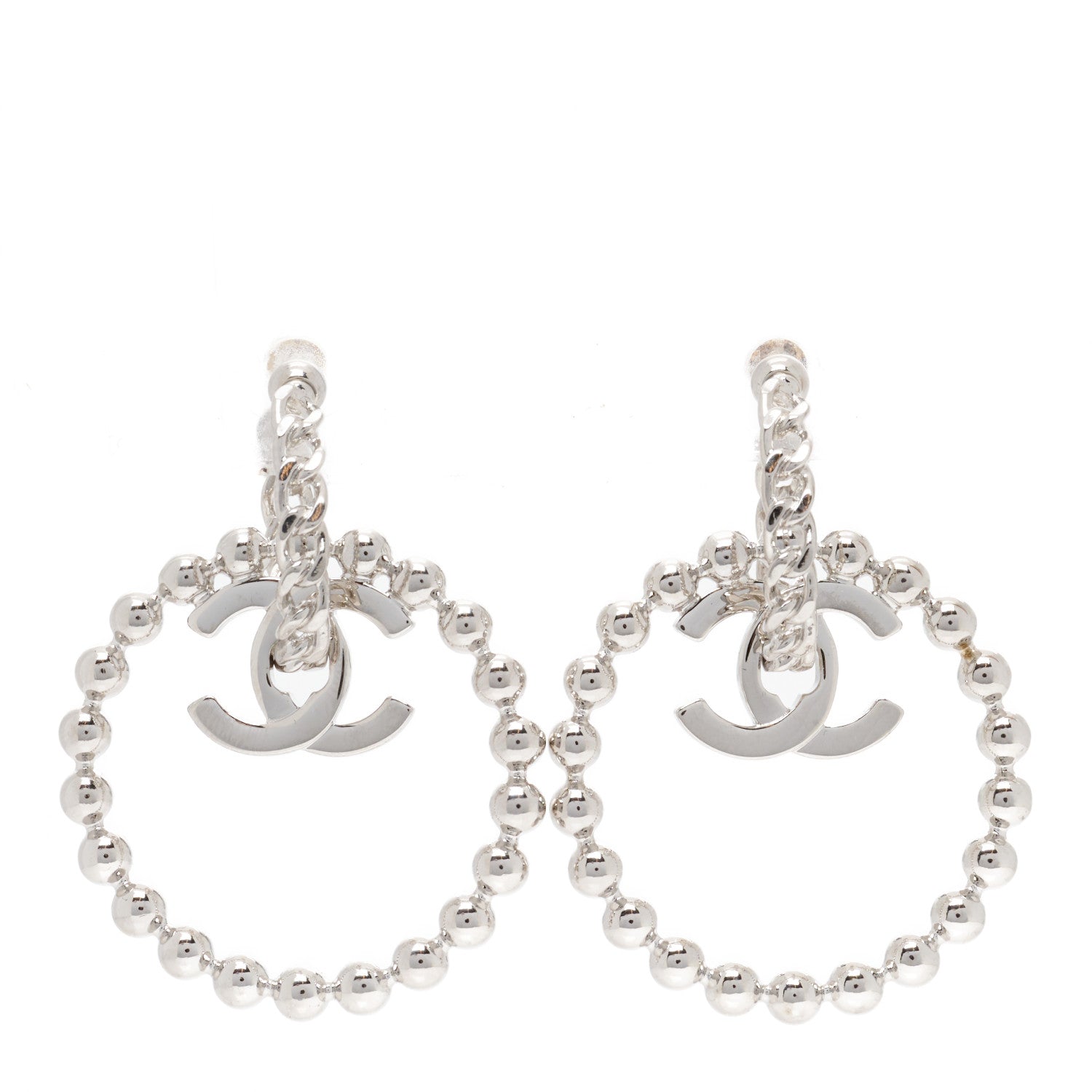 Chanel Metal Beaded CC Hoop Earrings Silver 1 of 5