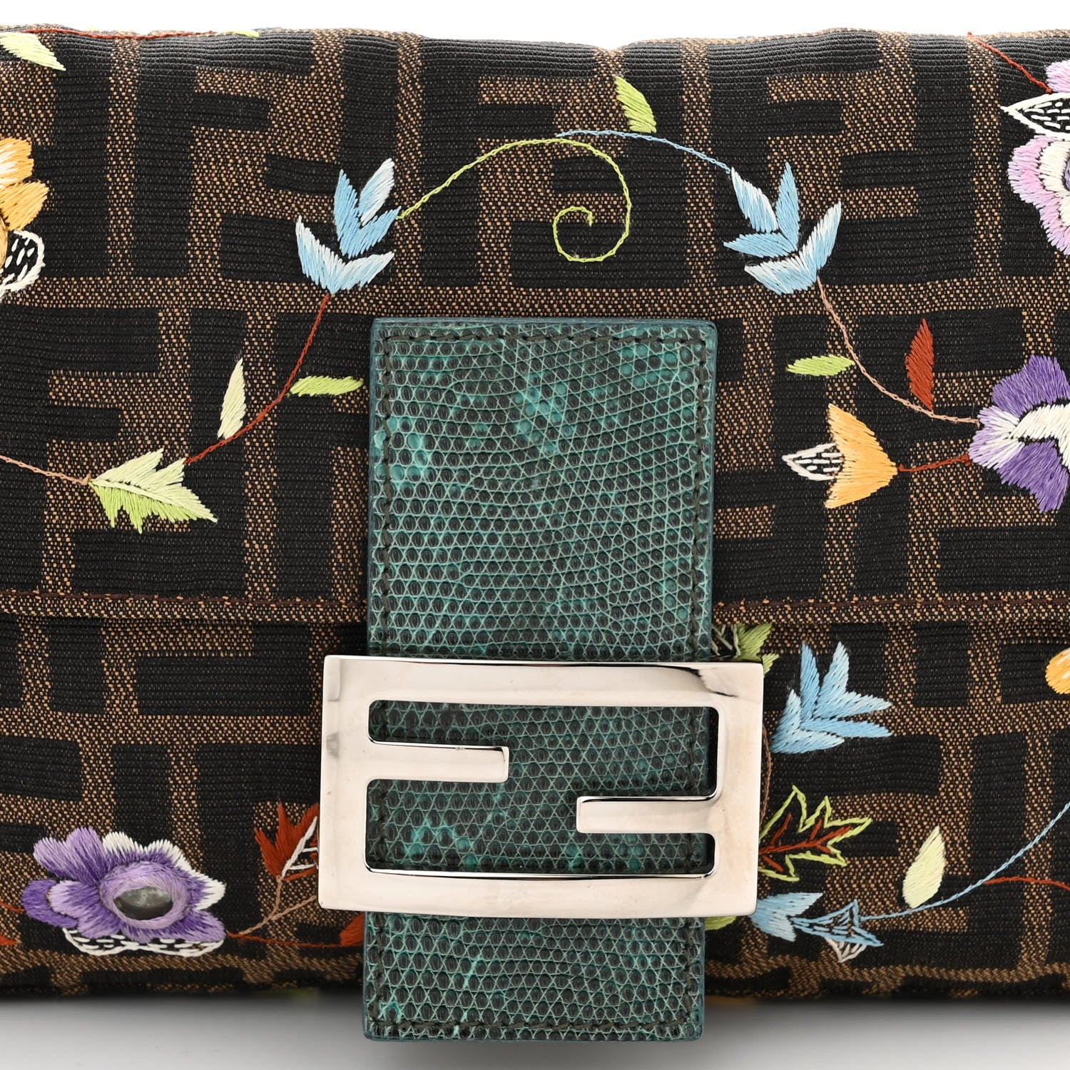 Fendi Zucca Lizard Embroidered Baguette Tobacco Blue Multicolor 7 of 12